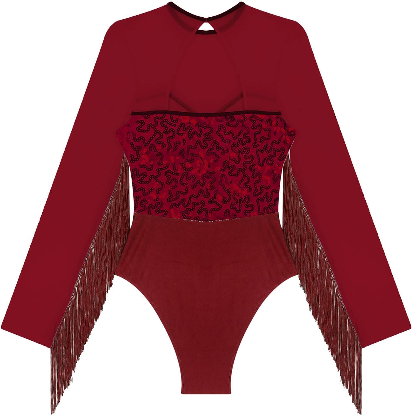 Linjinx Women's Sequins Latin Dance Bodysuit Tassel Long Sleeve Sheer Mesh Gymnastic Leotard Performance Costume