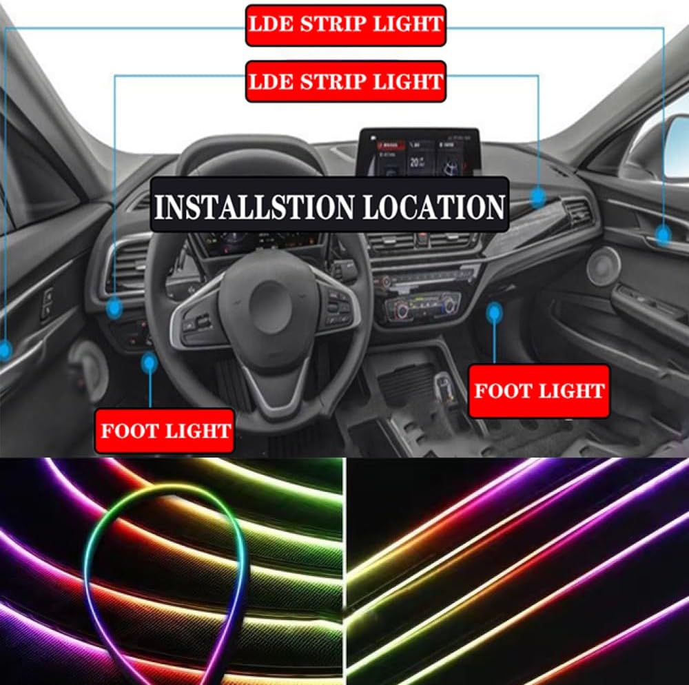 LED Interior Car Strip Light, Multicolor RGB 9 in 1 Optic Ambient Lighting Kits，Dual Control with Switch and A P P, Neon Lights On Car Dashboard with Music Sync Mode (9 in 1)