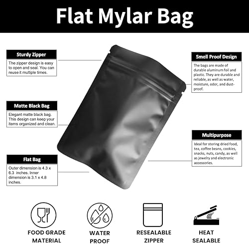 Miniatura 3 de Paquete de 100 bolsas de Mylar negro mate  4.3 x 6.3 pulgadas, resellables a prueba de olores, bolsas de alimentos con cremallera, bolsa sellable de
