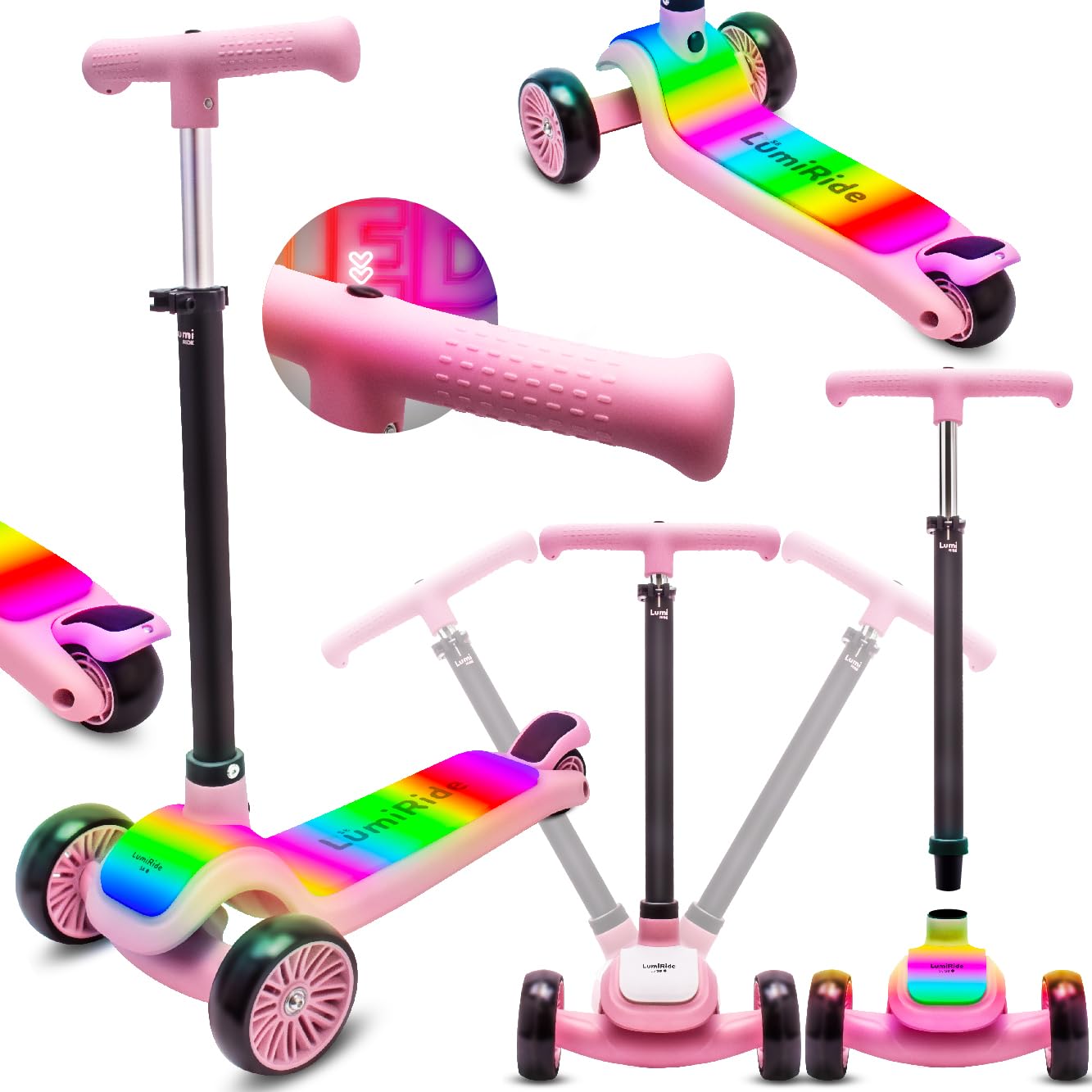 LUMI Ride Patinete niño Tres Ruedas Infantil Balance LED 3+, Plegable, Manillar Ajustable, Freno de Pie, Plataforma Antideslizante, Manillar Desmontable