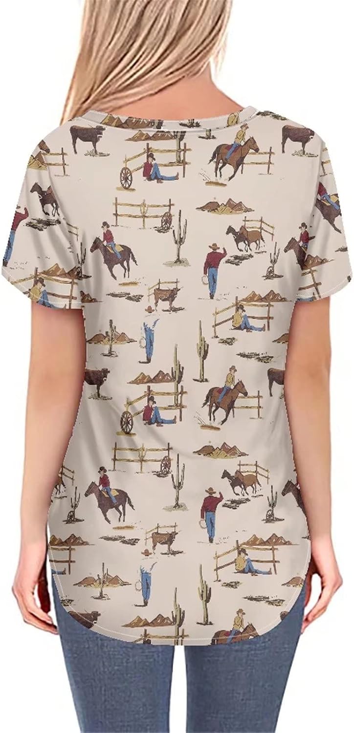 Xhuibop Cowboy Print Womens Graphic Tees Short Sleeve Clothing Horse Summer Tops V Neck Sportswear 3XL Size Blouse Shirts for Ladies Casual Wear
