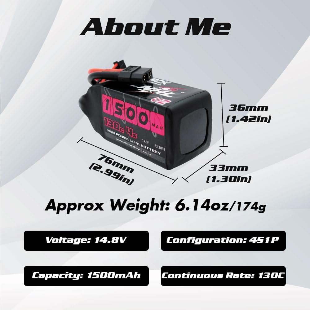CNHL 1500mAh 130C 4S Lipo Battery 14.8V with XT60 Plug for FPV Drone Racing RC Quadcopter Helicopter Airplane Boat Car(2 Packs)