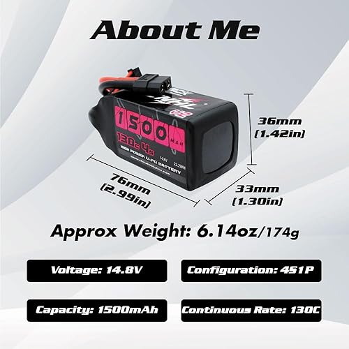 Miniatura 3 de CNHL Batería Lipo de 1500 mAh 130C 4S de 14.8 V con enchufe XT60 para FPV Drone Racing RC Quadcopter, helicóptero, avión, barco (2 paquetes)