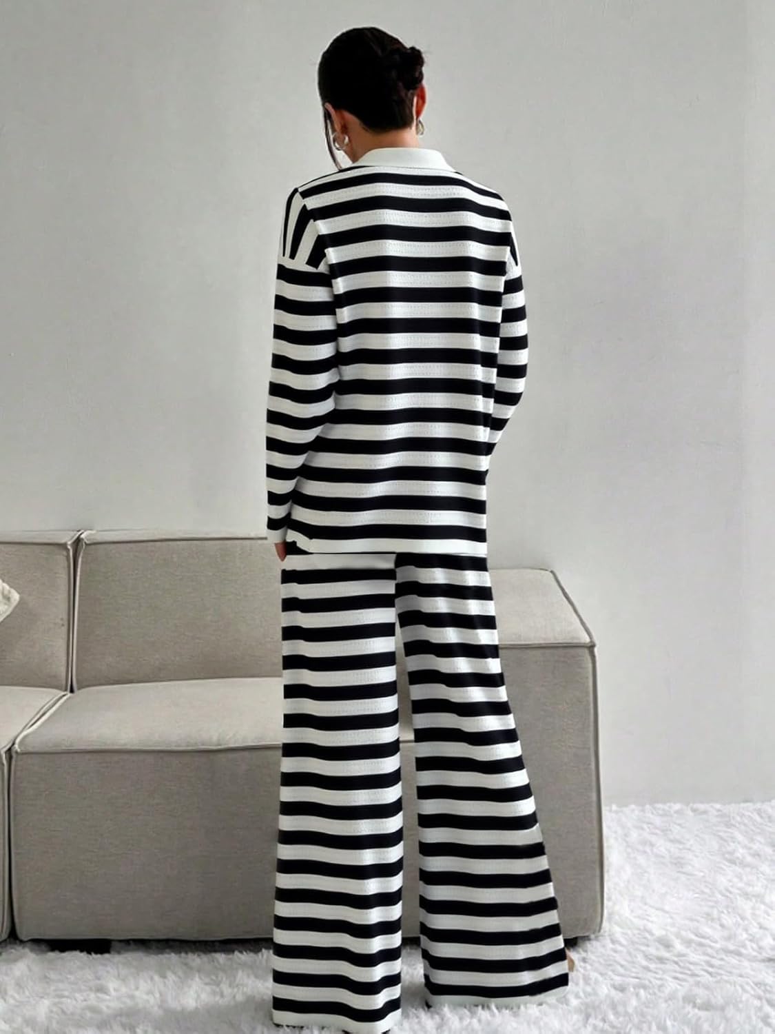 DERAX Women's 2 Piece Outfits Striped Long Sleeve Tops Shirt Lounge Sets Wide Leg Pants 2026 Spring Matching Set - Image 4