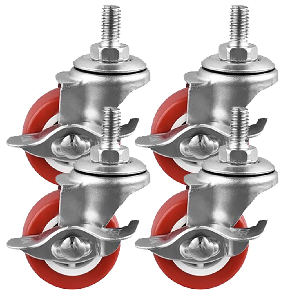 Lot de 4 roulettes pivotantes robustes de 50 mm, roulettes à tige filetée M8/M10, roulettes de meubles en caoutchouc PVC, pour chariot/chariot, déplacement silencieux et lisse (avec frein 1,5 pouces x