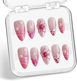 Flower Press on Nails Medium Almond Handmade 3D Water Ripple Pearl False Nails with Designs Luxury Handmade on Nails Floral Embossed French Tip Fake Nail Art Glossy Thick Acrylic Nails (Size S)