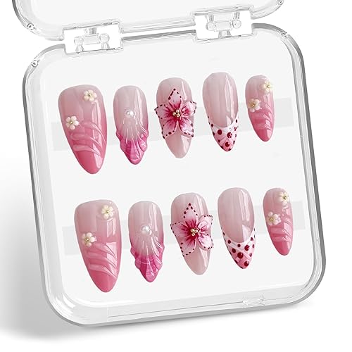 Flower Press on Nails Medium Almond Handmade 3D Water Ripple