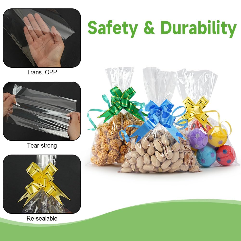 100 Sacchetti in Cellophane Trasparente 14x20 cm, Sacchetti Trasparenti per Alimenti con 100 Fiocchi e Lacci Intrecciati per Caramelle, Biscotti e Altre Confezioni Regalo