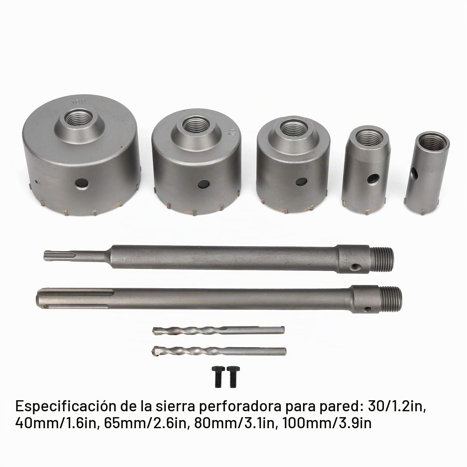 Juego de Brocas para Hormigón, 9 Piezas, Taladro para Taladro de Núcleo, Broca Hueca, 30 Mm, 40 Mm, 65 Mm, 80 Mm, 100 Mm, para Mampostería, con Adaptador de Extensión SDS-Plus, para Taladro Percutor,