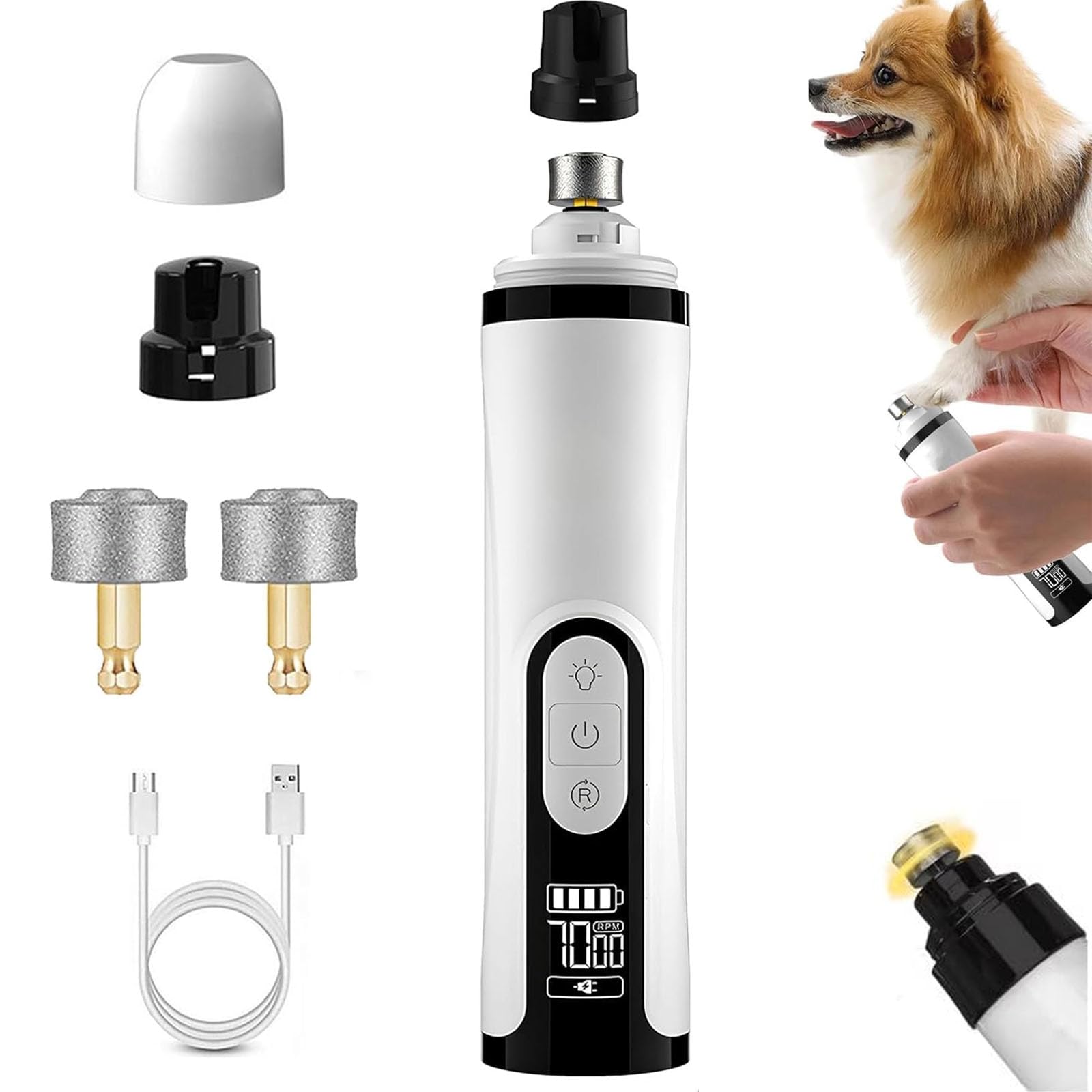 Ayland Silent Groom Pro Nail Grinder, 2025 New Nail Grinder for Dogs and Cats with LED Light & 3 Speeds, 2000mAh USB Rechargeable Dog Nail Trimmer for Thick Nails (1pc+2 Heads)