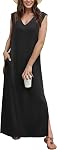 GRECERELLE Femmes Été Maxi Robes V-Neck Sans manches Casual Loose Split longue plage Sundress avec poches