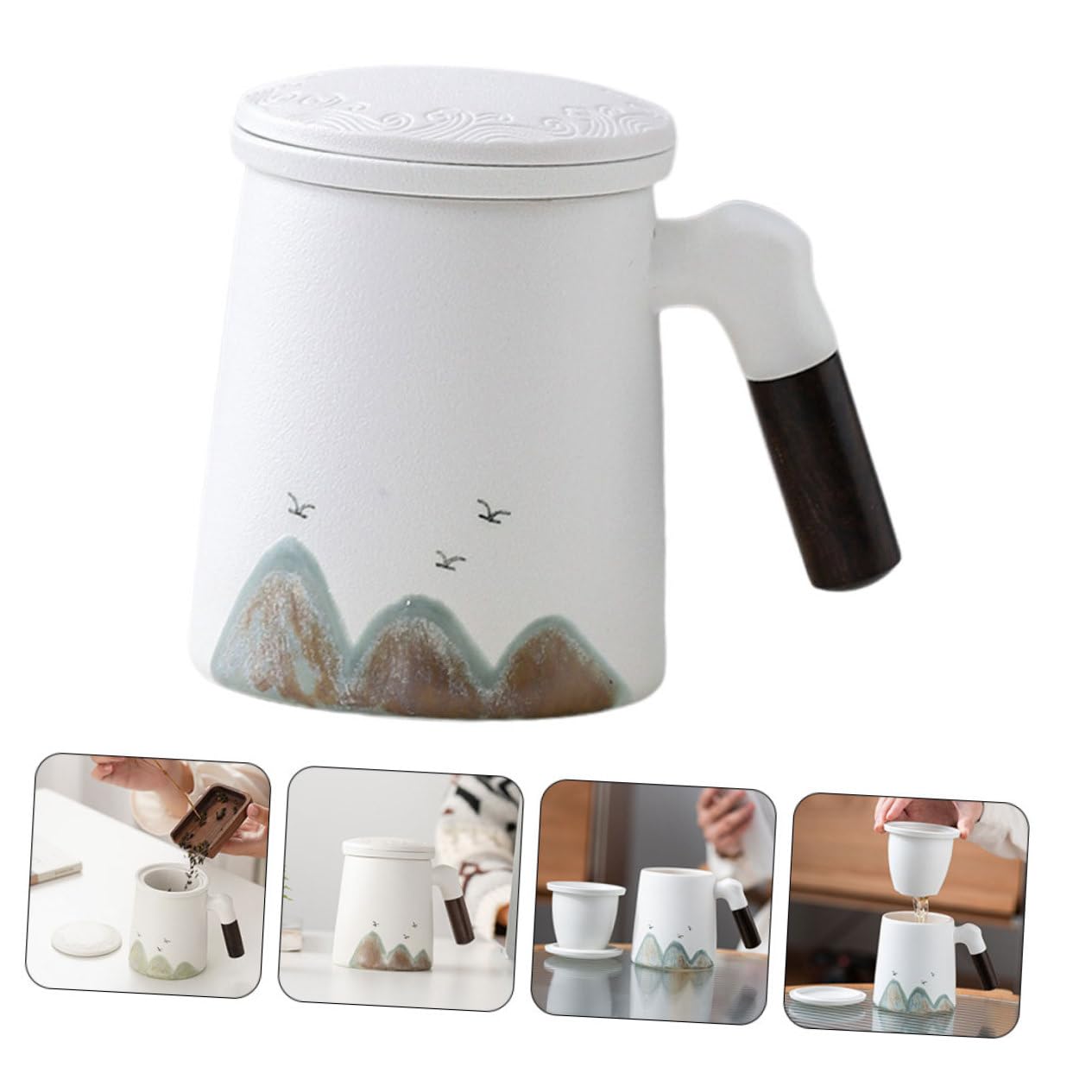 PRETYZOOM Tasse à Thé Grosse Tasse à Café en Céramique pour Infusion avec Infuseur et Couvercle en Bois avec Filtre Intégré pour Bureau et Maison