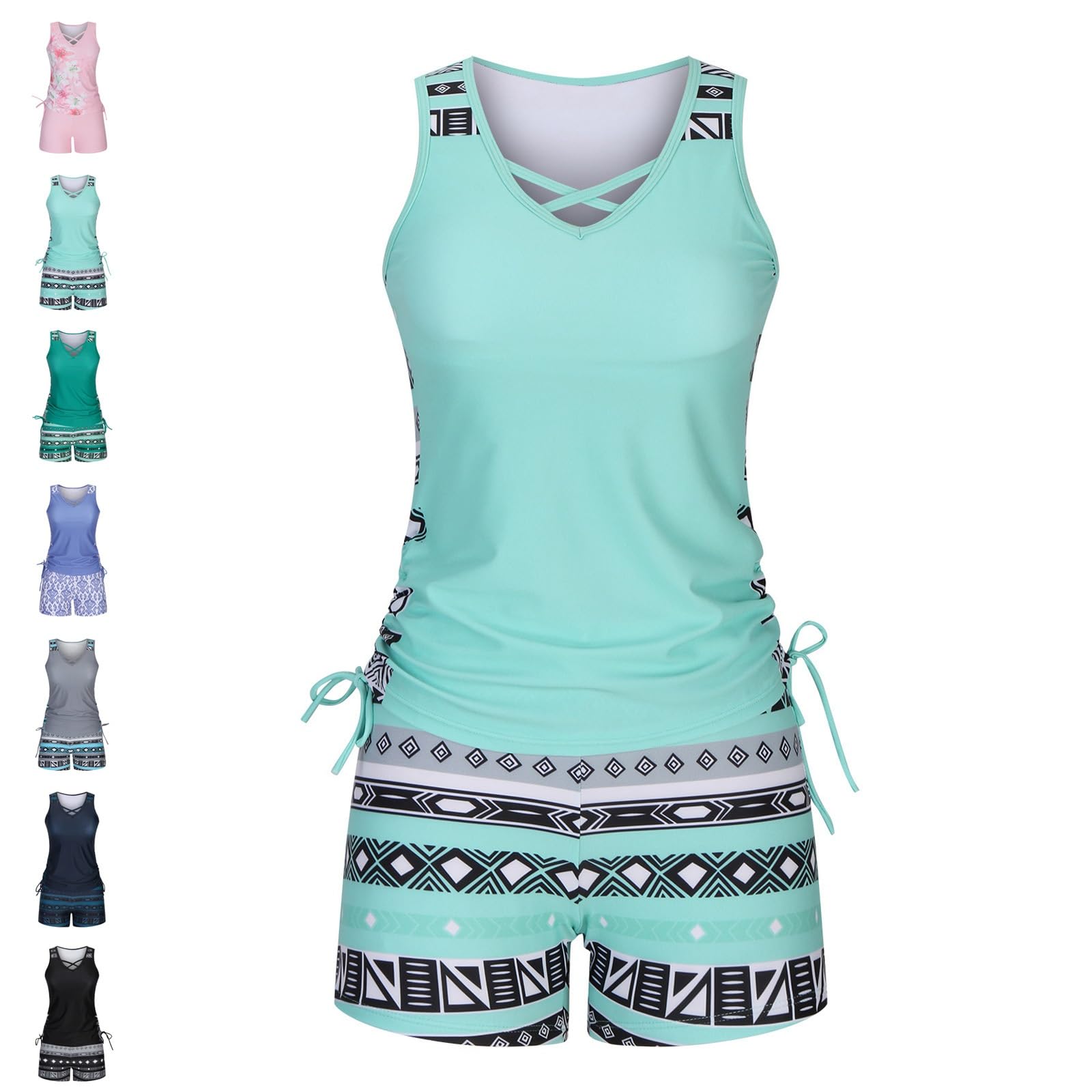 Women's Tummy Control Tankini Set with Built-in Bra, Flattering Boho Swimwear with Shorts, Two Piece Summer Bathing Suits(Sky Blue,XL)
