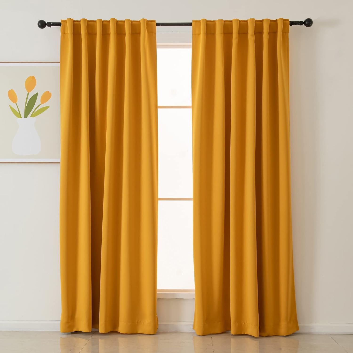 Pickluc Blackout Curtains 96 Inches Long 2 Panels, Black Out Drapes for Bedroom or Living Room, Back Tab and Rod Pocket Top, Set of Two, Mustard Yellow, 52" Wide and 96" Length.