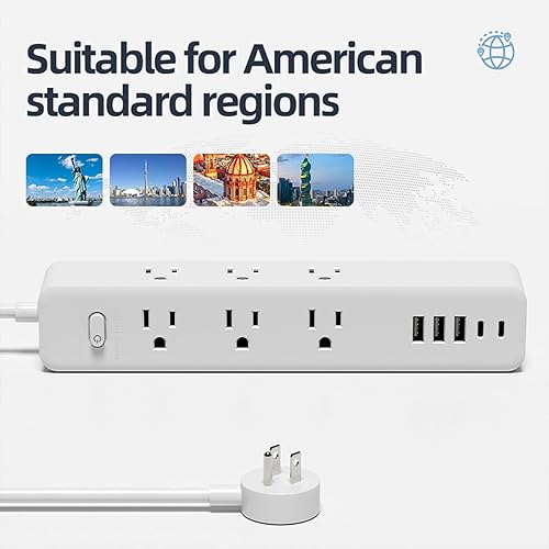 Miniatura 6 de Regleta protectora de sobretensiones, 9 tomas ampliamente espaciadas, 3 puertos USB A y 2 puertos USB C, cable de extensión largo de enchufe plano