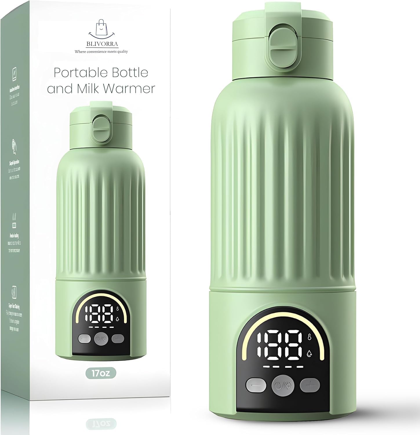 𝐏𝐫𝐞𝐦𝐢𝐮𝐦 Portable Milk Bottle Warmer 17 Oz – 140W Fast USB Heating | 316 Stainless Steel Baby Milk Warmer for Formula & Breastmilk | Temp Display, Long Insulation for Travel (Green)