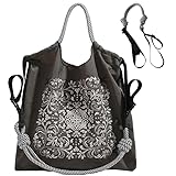 [aninako] エコバッグ 折りたたみ式 大容量 刺繍入り お洒落 コンパクト 繰り返し使用可能 無地 軽量 ショッピング/買い物/アウトドア対応 環境配慮 ナイロン製 洗える 携帯便利 (【深灰色藤花】+吊り紐)