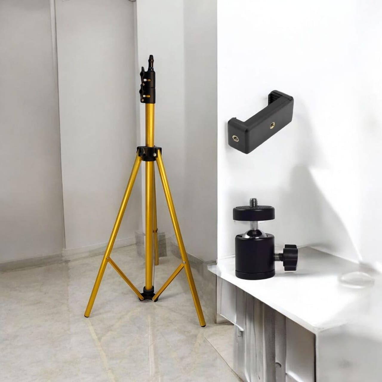 Casewilla Lightweight & Portable Portable 7 Feet (84 Inch) Long Tripod Stand with Adjustable Mobile Clip Holder & Tripod Ball Head for All Mobiles & Cameras (Golden)-image-1