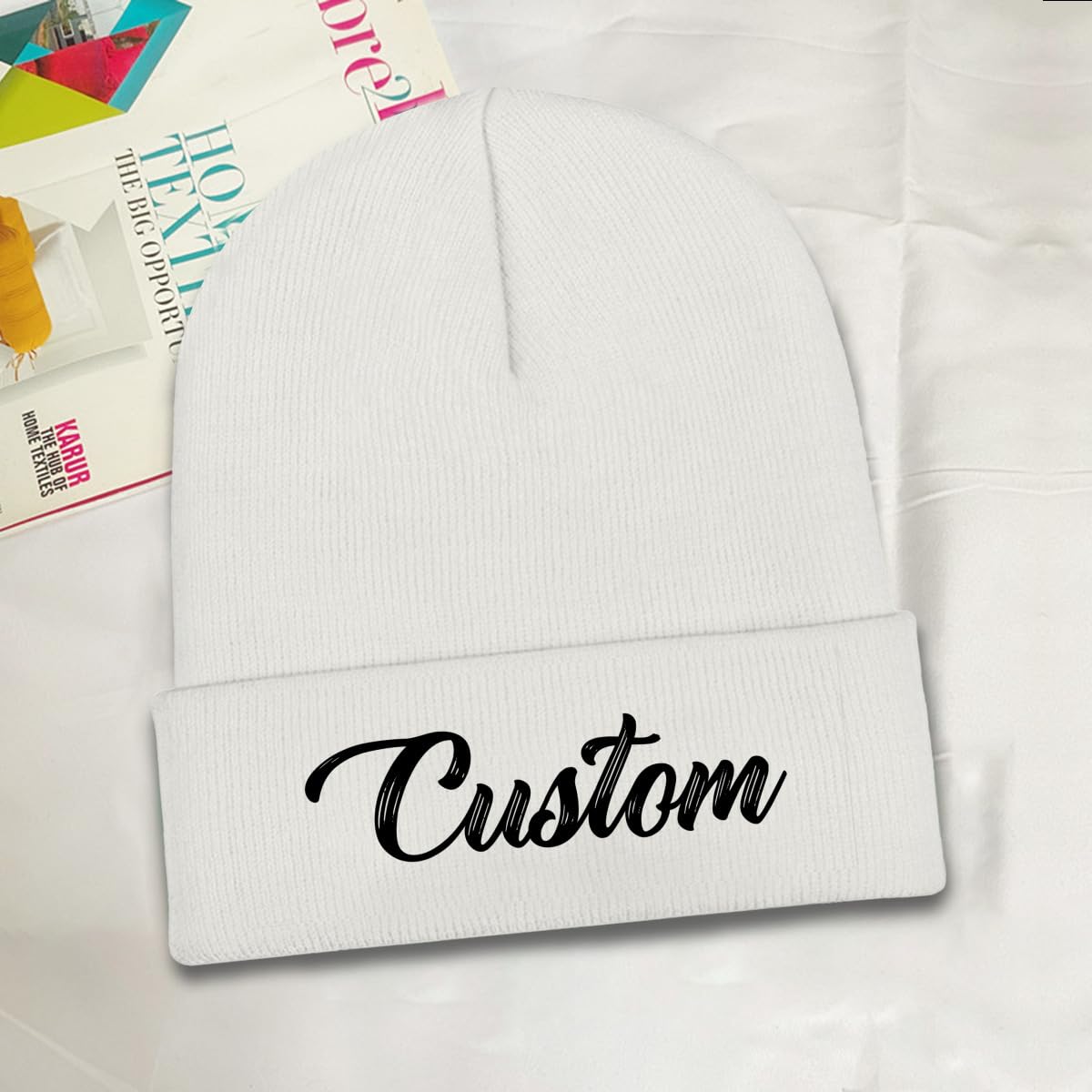 Custom Beanie Hats with Logo Photo Personalized Winter Knitted Hat, White