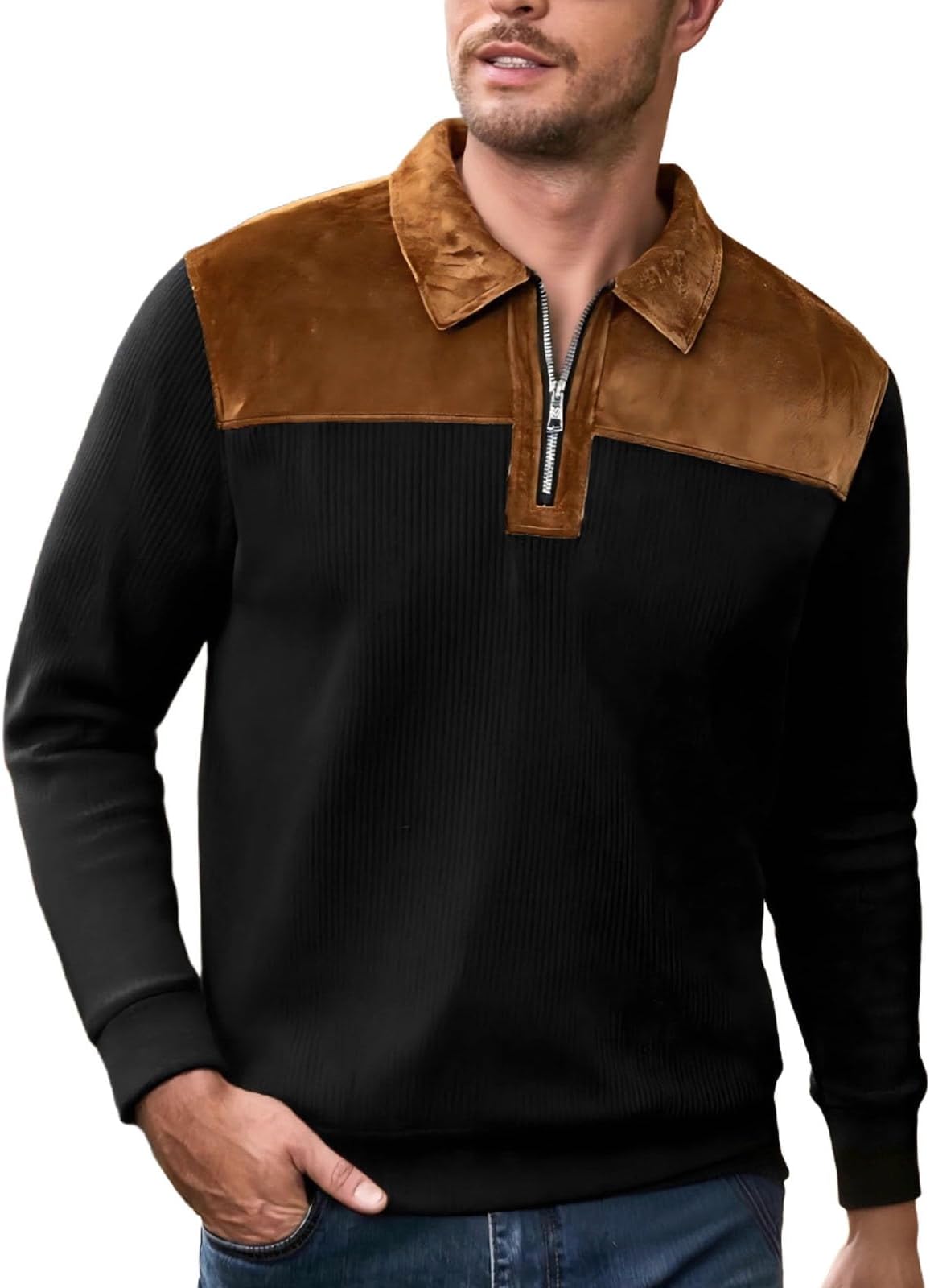 Mens Qauter Zip Up Pullover Tops Color Block Patchwork Long Sleeve Shirts Loose Fit Collared Casual Work Shirts Tops