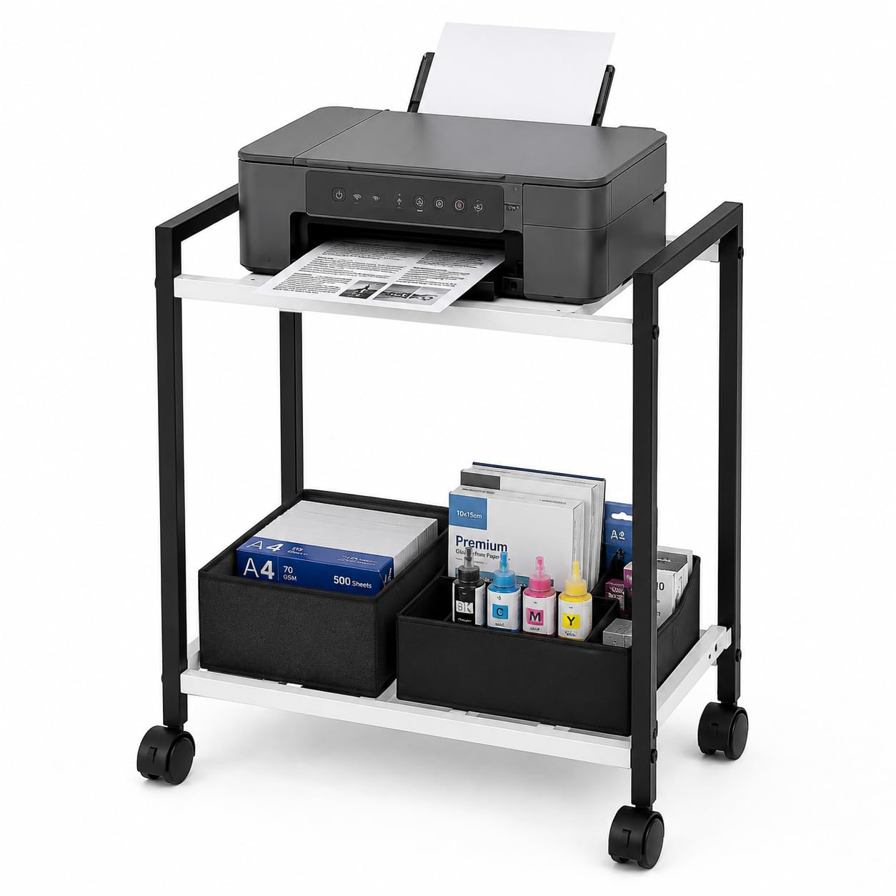 ROHC Metal Printer Stand with Wheels | Heavy Duty Printer Table for Home & Office | Rolling Cart with Storage Shelf | Trolley for Laser & Inkjet Printers | Black & White-image-22