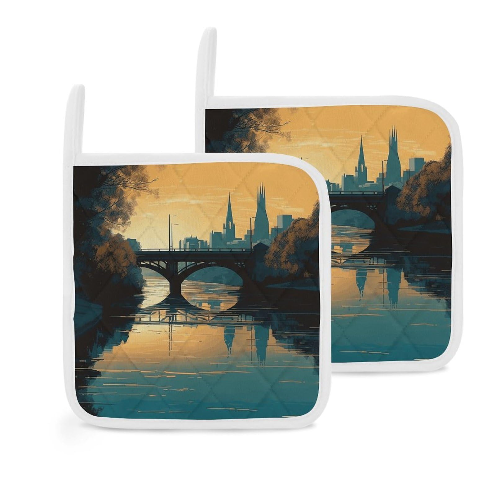 Btcowzrv Style Hand Drawn Buildings 2 Pack Pot Holders For Kitchen, Heat Resistant Potholder Set With Hanging Loops, Hot Pads For Oven Baking Cooking