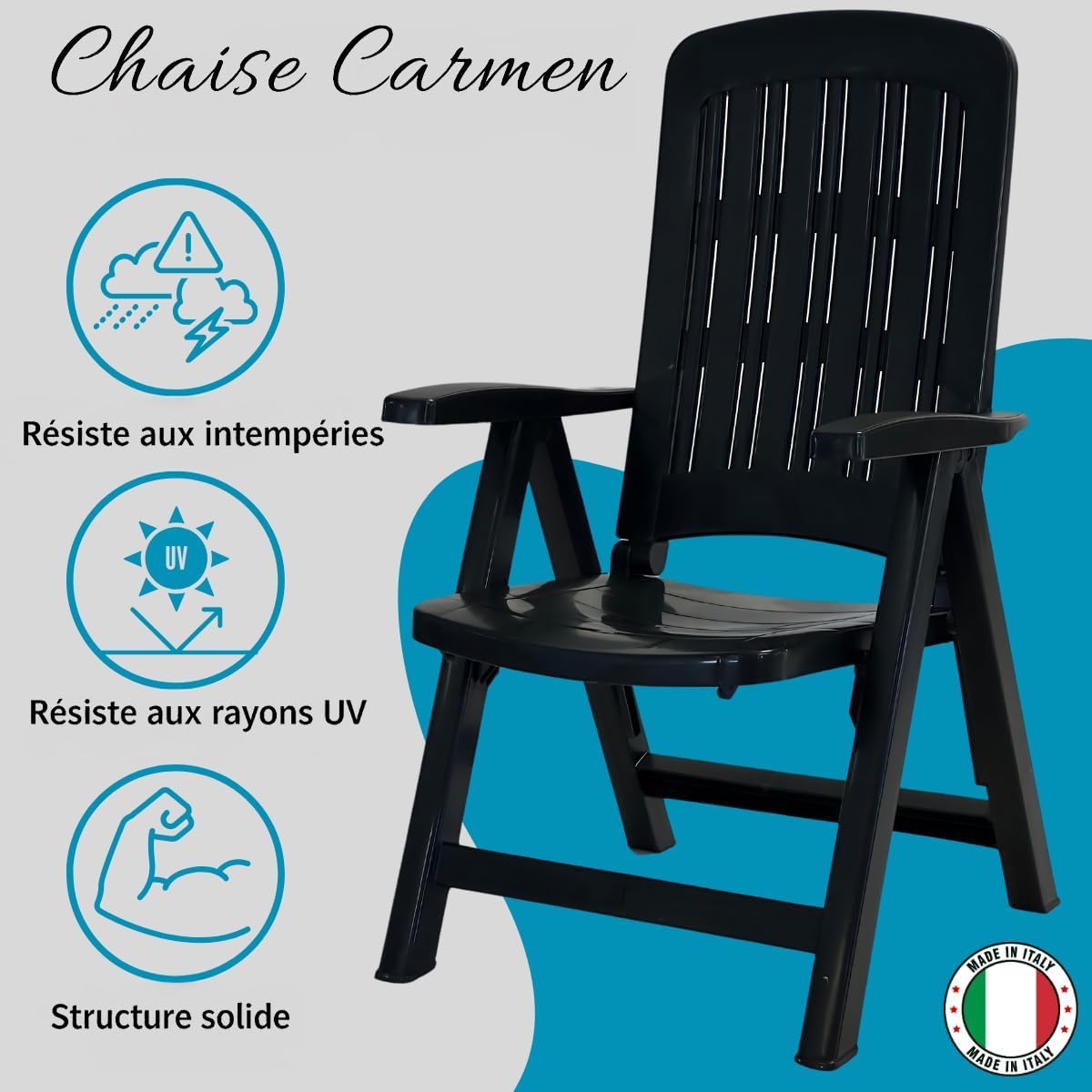 Tomaino Chaise longue de jardin pliante en plastique - Fauteuil pour extérieur, maison, camping inclinable - 5 positions - Avec accoudoirs (Noir)