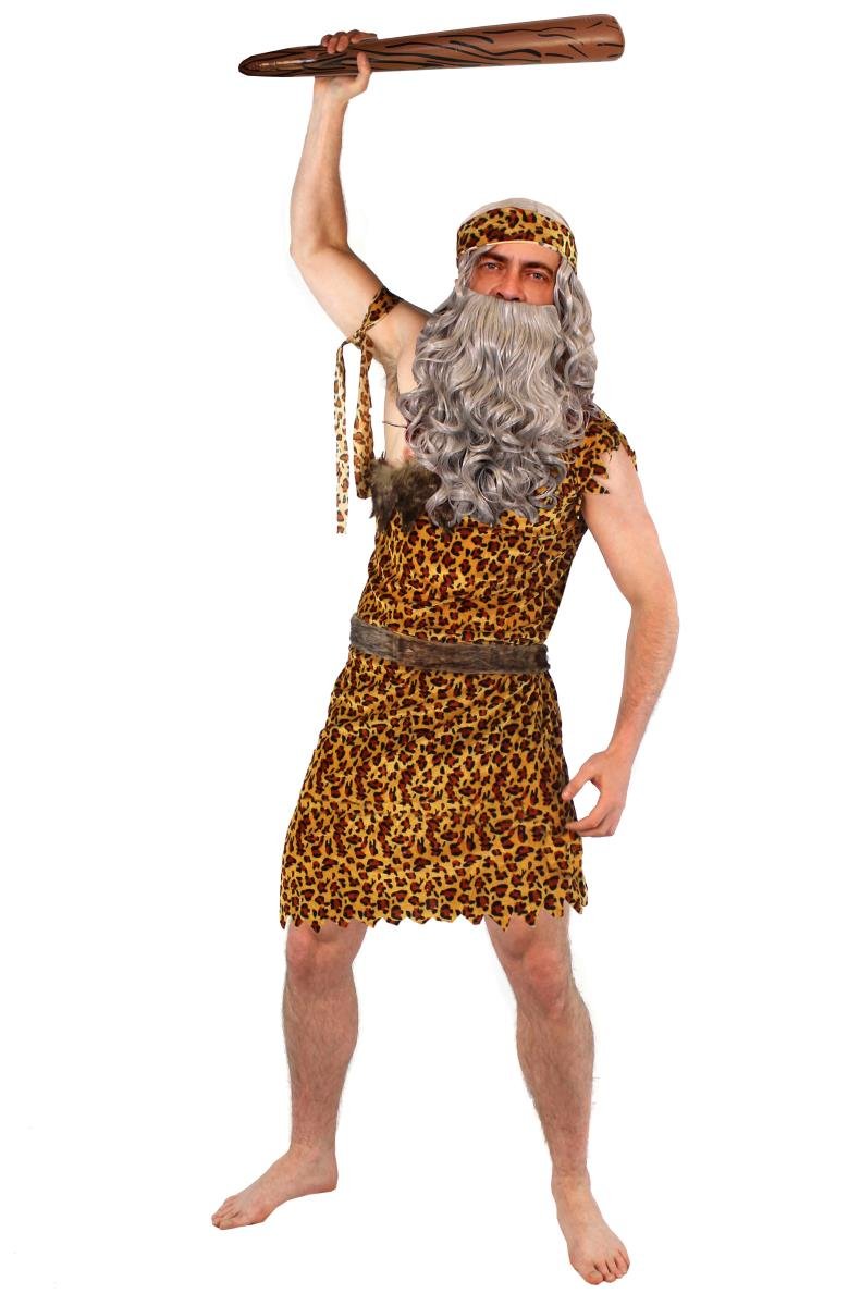 CAVEMAN FANCY DRESS COSTUME WITH INFLATABLE CAVEMEN CLUB DELUXE CAVE MAN LEOPARD PRINT TUNIC + HEADBAND + ARMBAND + BROWN WIG WITH BEARD (X-LARGE)