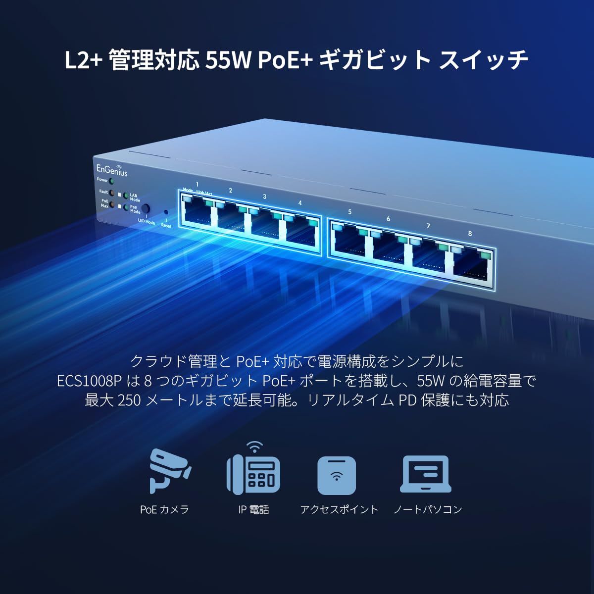 EnGenius ECS1008P Cloud Managed Gigabit 55W 8-Port PoE Switch