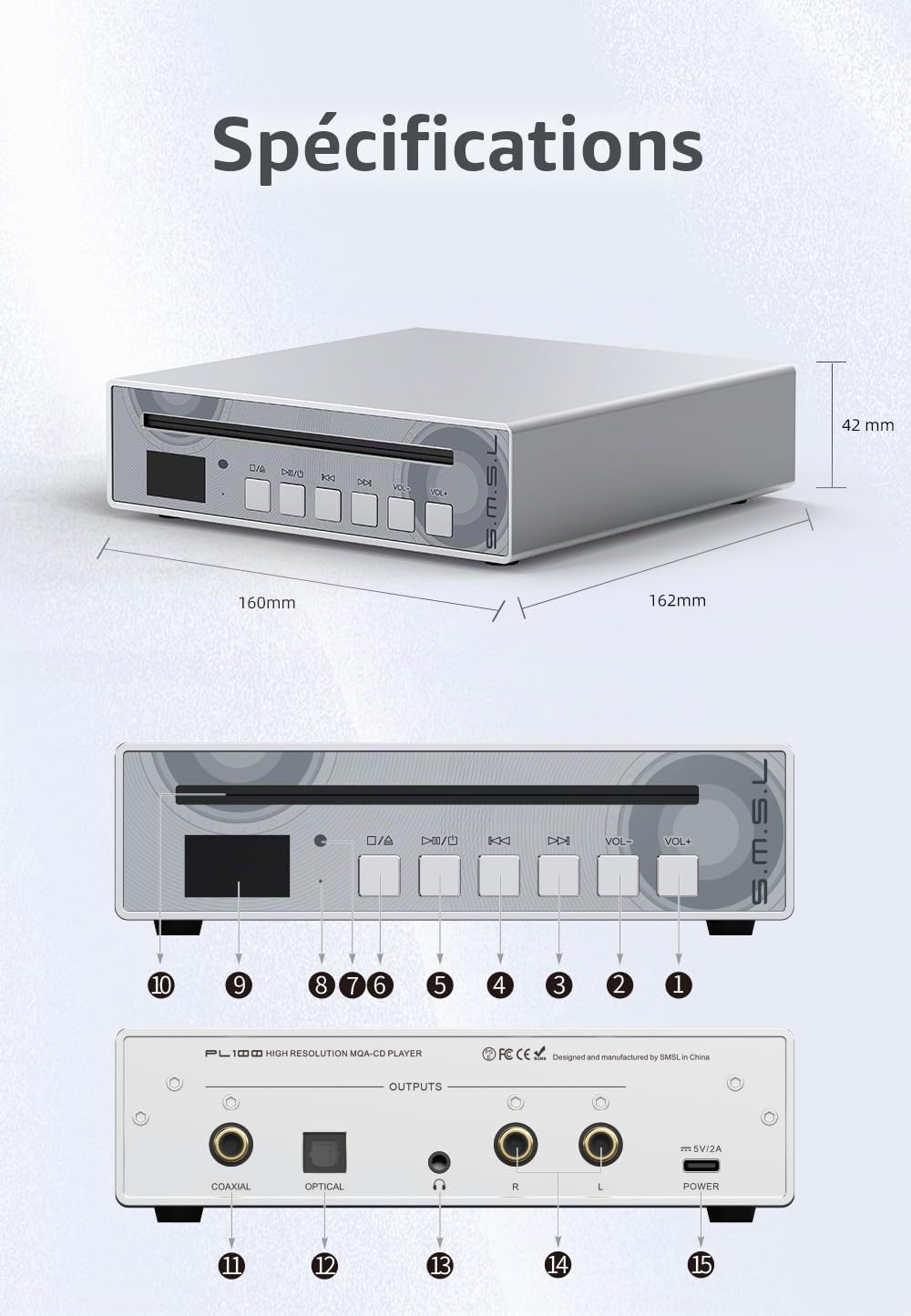 S.M.S.L VMV PL100 CS43131 Lecteur CD avec télécommande Noir