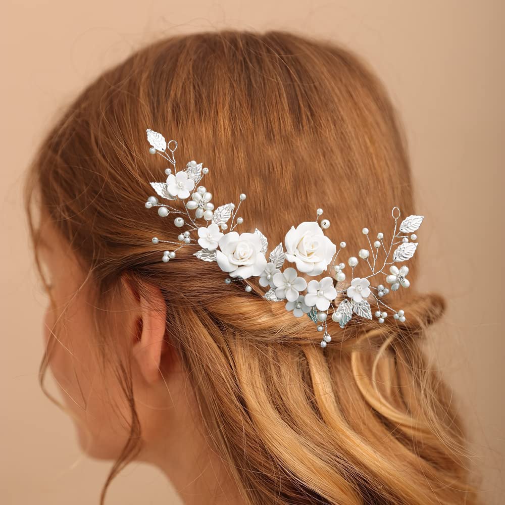 Flower Bride Headband Pearl Rhinestones Headpiece Leaf Crystal Hair Vine Silver Hair Band Wedding Headdress Bridesmaid Hair Accessories for Women Gift Evening Prom Party (silver) - Image 4