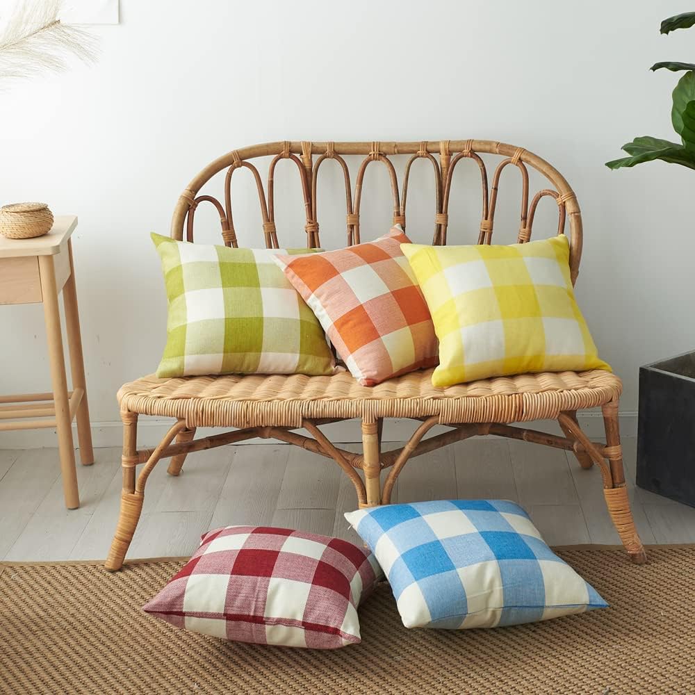 HOPLEE Farmhouse 24x24 Pillow Covers Outdoor Pillows Covers Decorative Light Blue and White Buffalo Plaid Set of 2