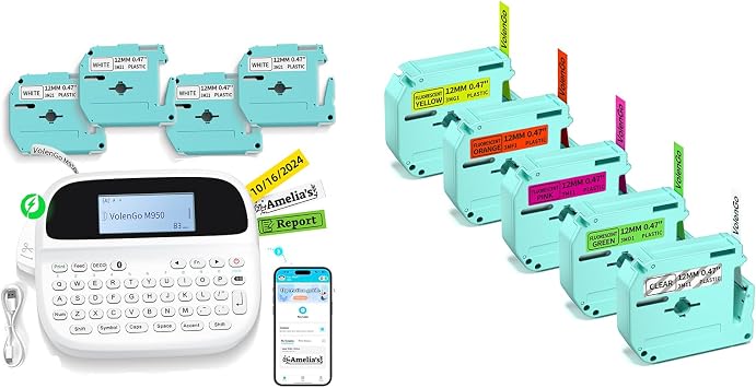 Label Maker Machine with 1PK Clear Label Tape & 4PK White & 4PK Color Tapes, Rechargeable Backlit Labeler for 12mm 0.47 White Waterproof-Labels, Bluetooth Label Printer for Office Home School