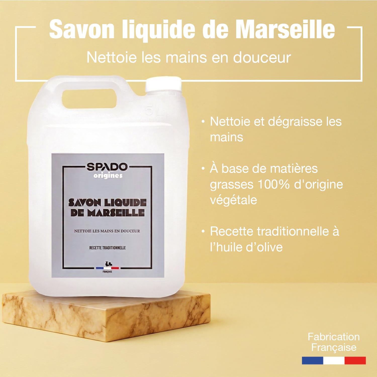 SPADO Origines - Savon de Marseille Liquide - 100% végétal - Nettoie et dégraisse - Adoucis les mains - A l'huile d'olive - 5L - Fabrication française
