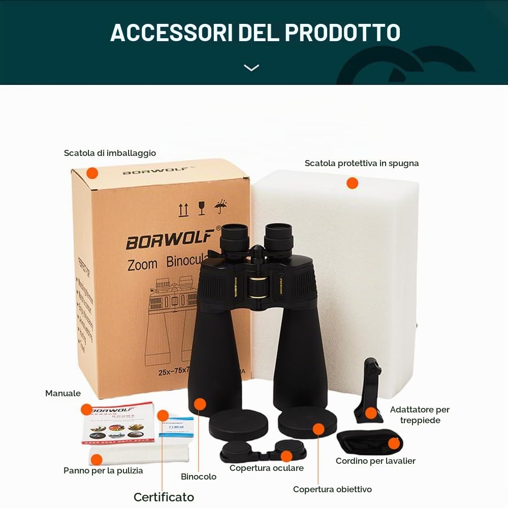 25-75X70 Binocolo ad Alto Ingrandimento HD Professionale Zoom Telescopio Caccia Esterna Binocolo Ad Alta Potenza per Bird Watching e Guardare Luna