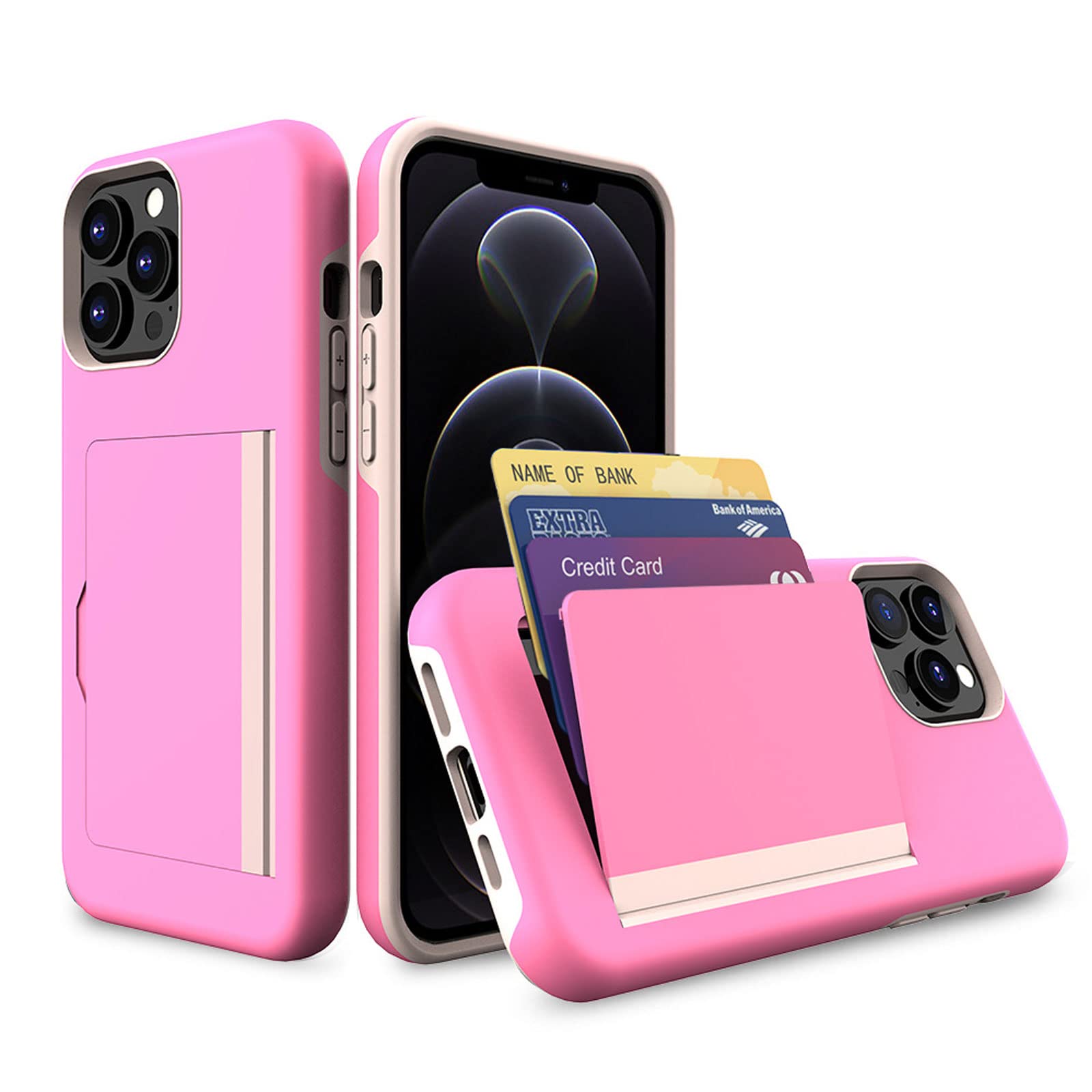 Etui do iPhone 14/14 Pro/14 Plus/14 Pro Max, etui na telefon komórkowy z przegródką na karty, funkcją stojaka, etui ochronne, różowe, 14 Plus 6,7"
