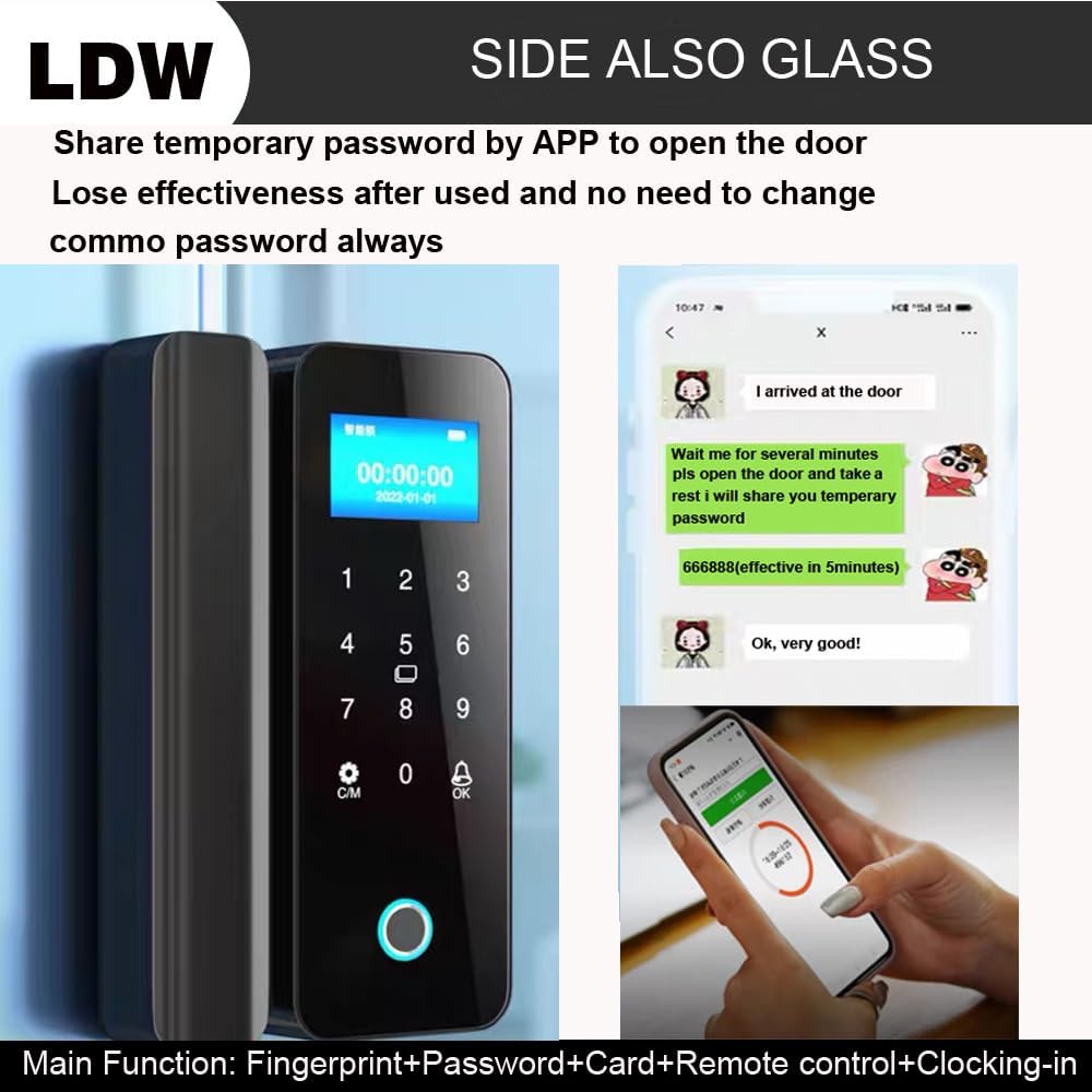 Smart Lock for Glass Door, Lock Automatically, 5 Ways Unlock, with Screen., Fingerprint and Remote Control with Keypad Doorbell Function,Password Access Card and App Control