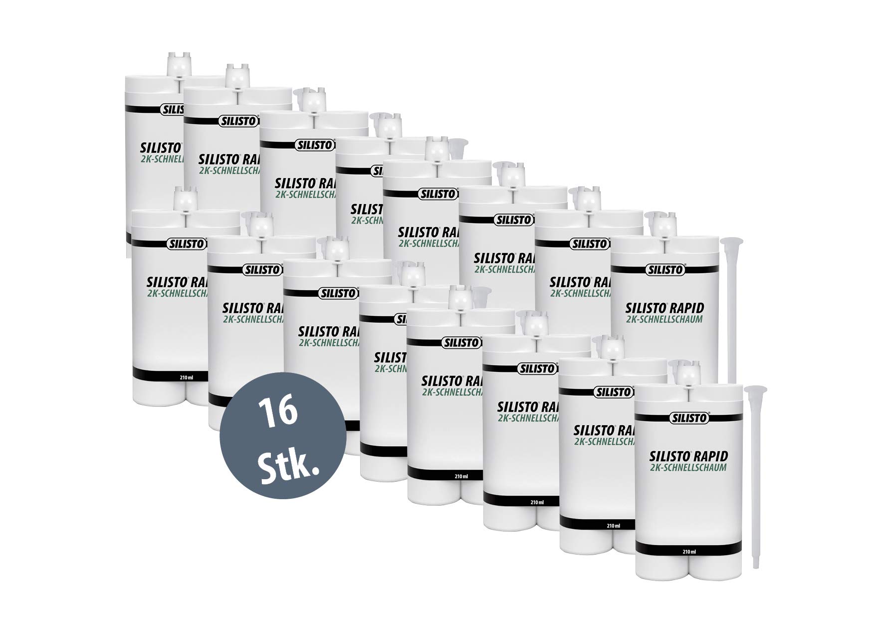 SILISTO RAPID 16x 2K-Schnellschaum 210ml - Zweikomponentiger Polyurethanschaum - Bauschaum - Montageschaum - Zargenschaum - Doppelkartusche inkl. Statikmischer