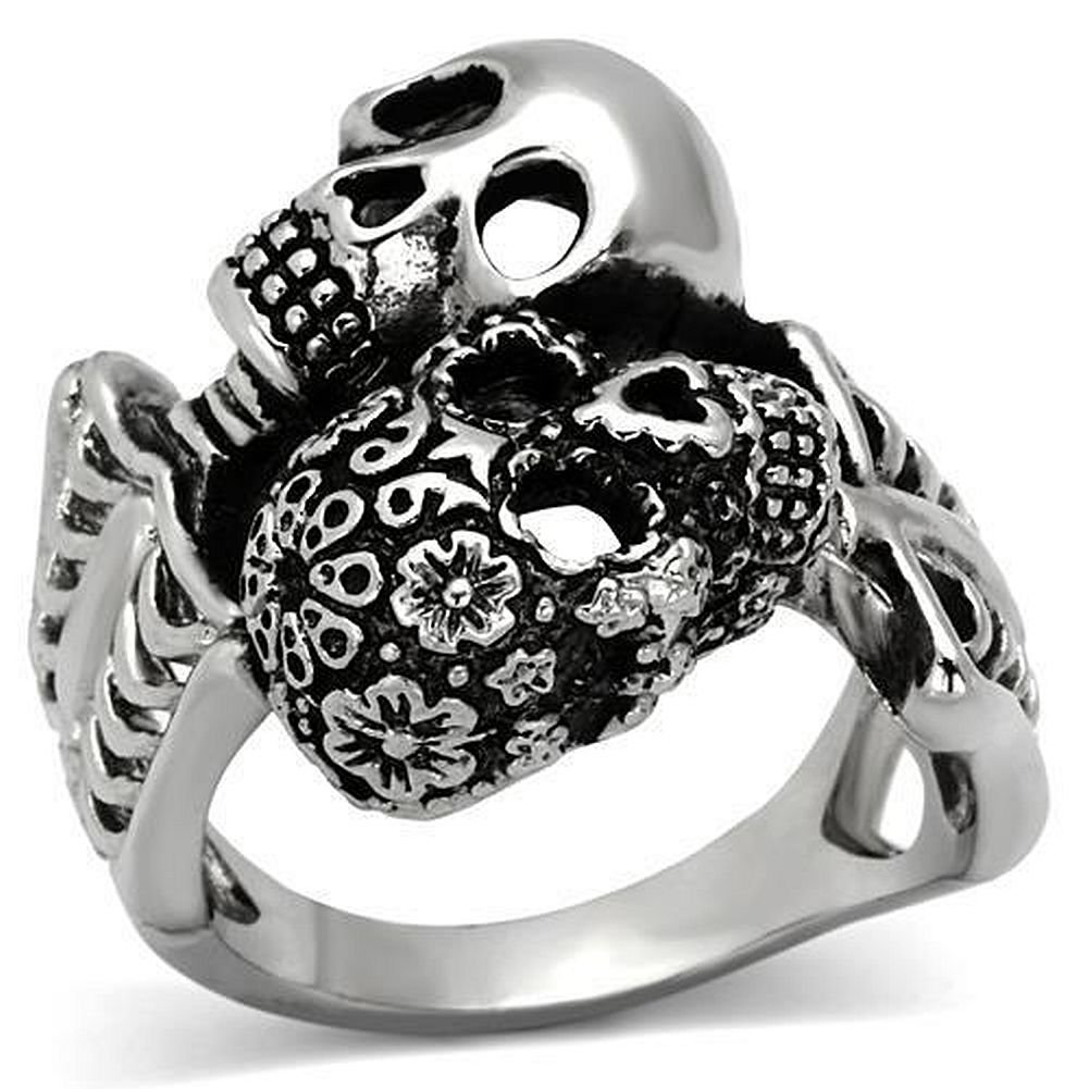 Nationalonlinediscounts Stainless Steel Day of the Dead 2 Skull Skeleton Flower Goth Punk Biker Ring