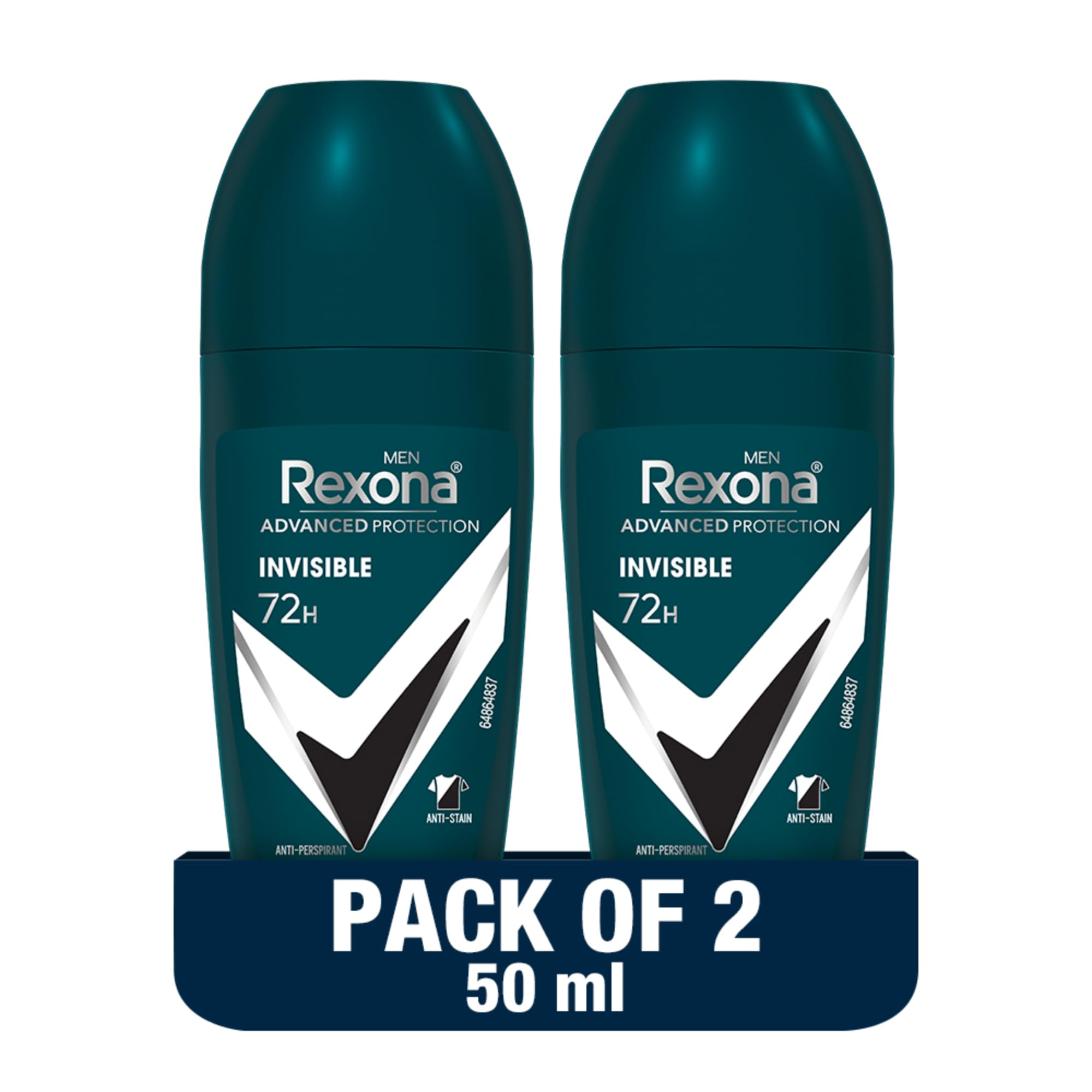 Men Advanced Protection Antiperspirant Deodorant Roll On, 72 hour sweat & odor protection, Invisible, with MotionSense technology, 50ml x 2