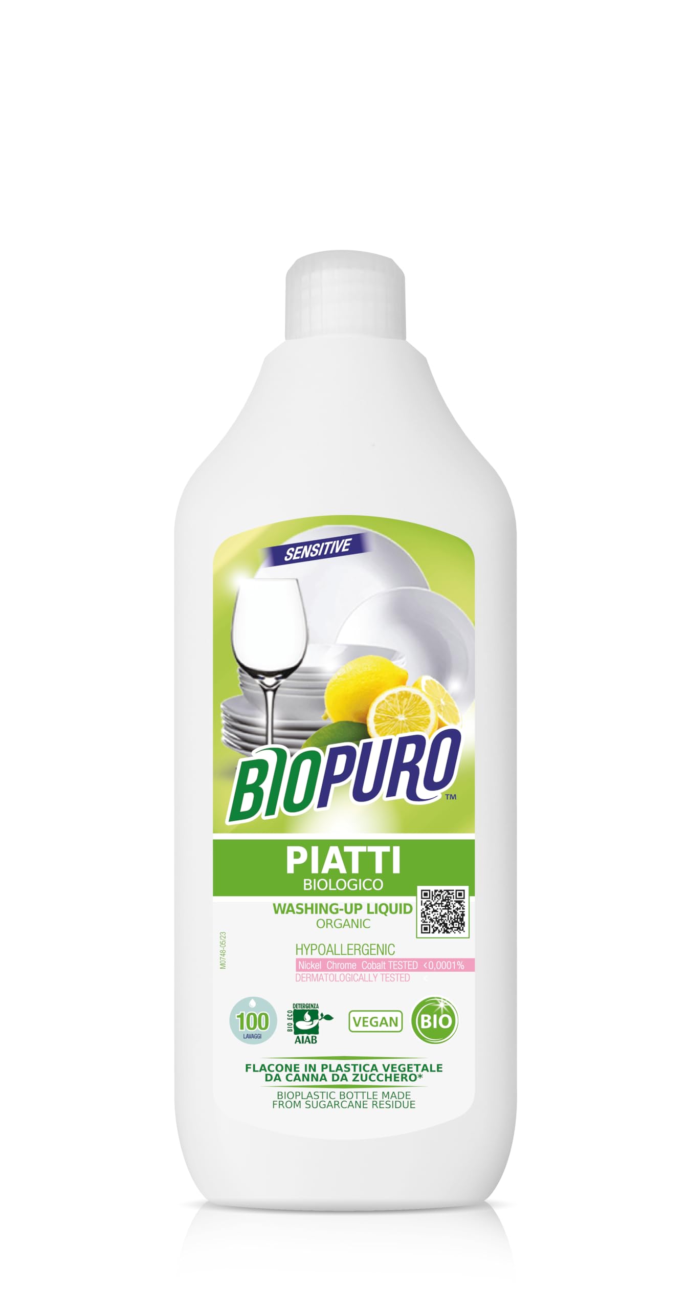 BIOPURO Detersivo Piatti, Concentrato, Naturale, Ecologico, 500mL, 100 Lavaggi, Con Flacone in Bio Plastica da canna da zucchero