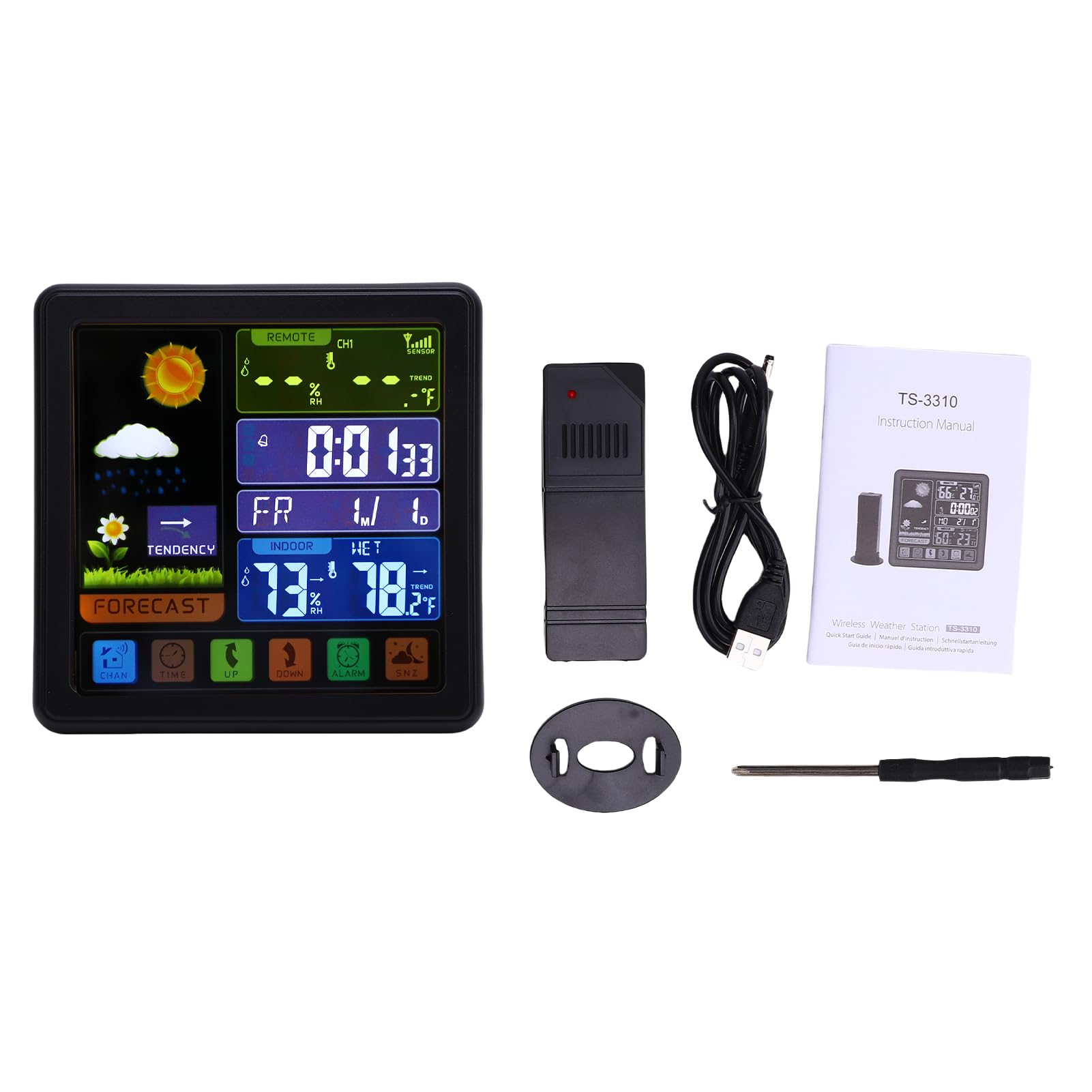Station météo sans fil intérieure/extérieure avec thermomètre et hygromètre, écran tactile couleur, horloge météo avec capteur déporté, mesure de la température et de l'humidité, (TS-3310-BK Noir)