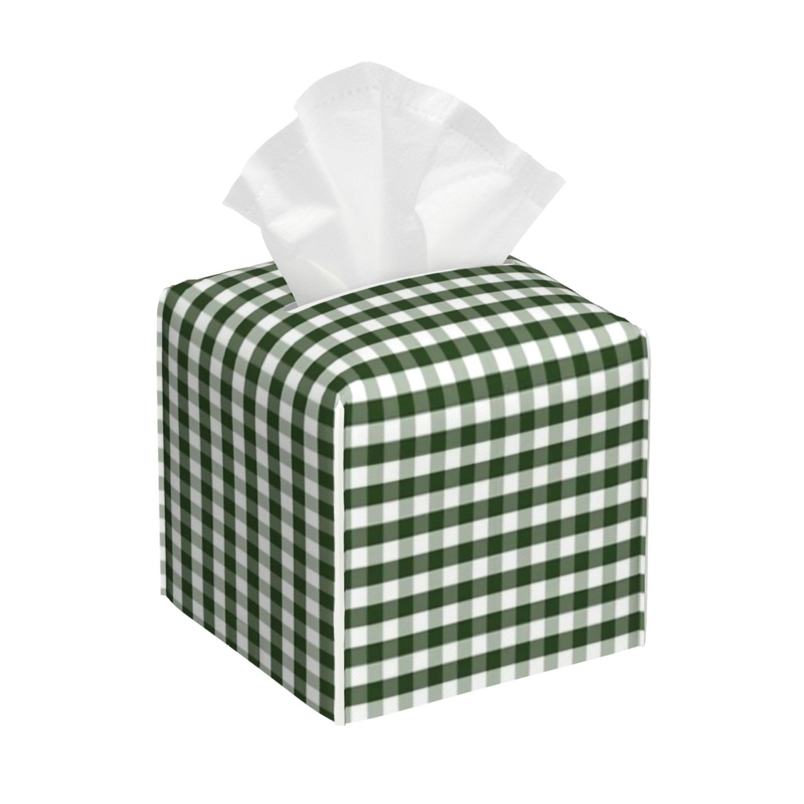 Green and White Gingham Check (2) Tissue Box Cover 5" Square Leather Tissue Holder Facial Tissue Case for Tabletop Bedroom Bathroom Desk Decor