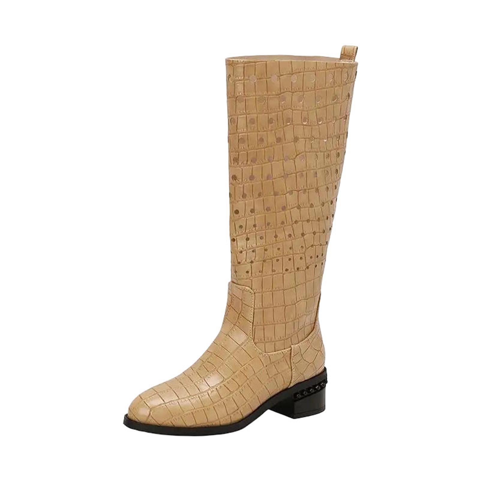 Womens Vintage Knee High Boots Round Toe Block Heels Slip On With Mixed Color Patchwork For Daily Retro