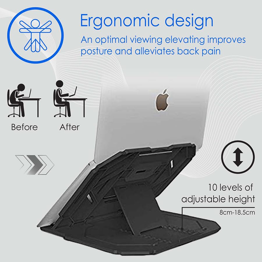 Image of URBAN KINGS Abs Plastic Laptop Stand & Mobile Phone Holder for Desk, Adjustable 10 Angle Laptop Riser for Laptops MacBook Pro and Air 13 inch 14 inch 15.6 inch 17 inch, Desktop Ergonomic (Black)