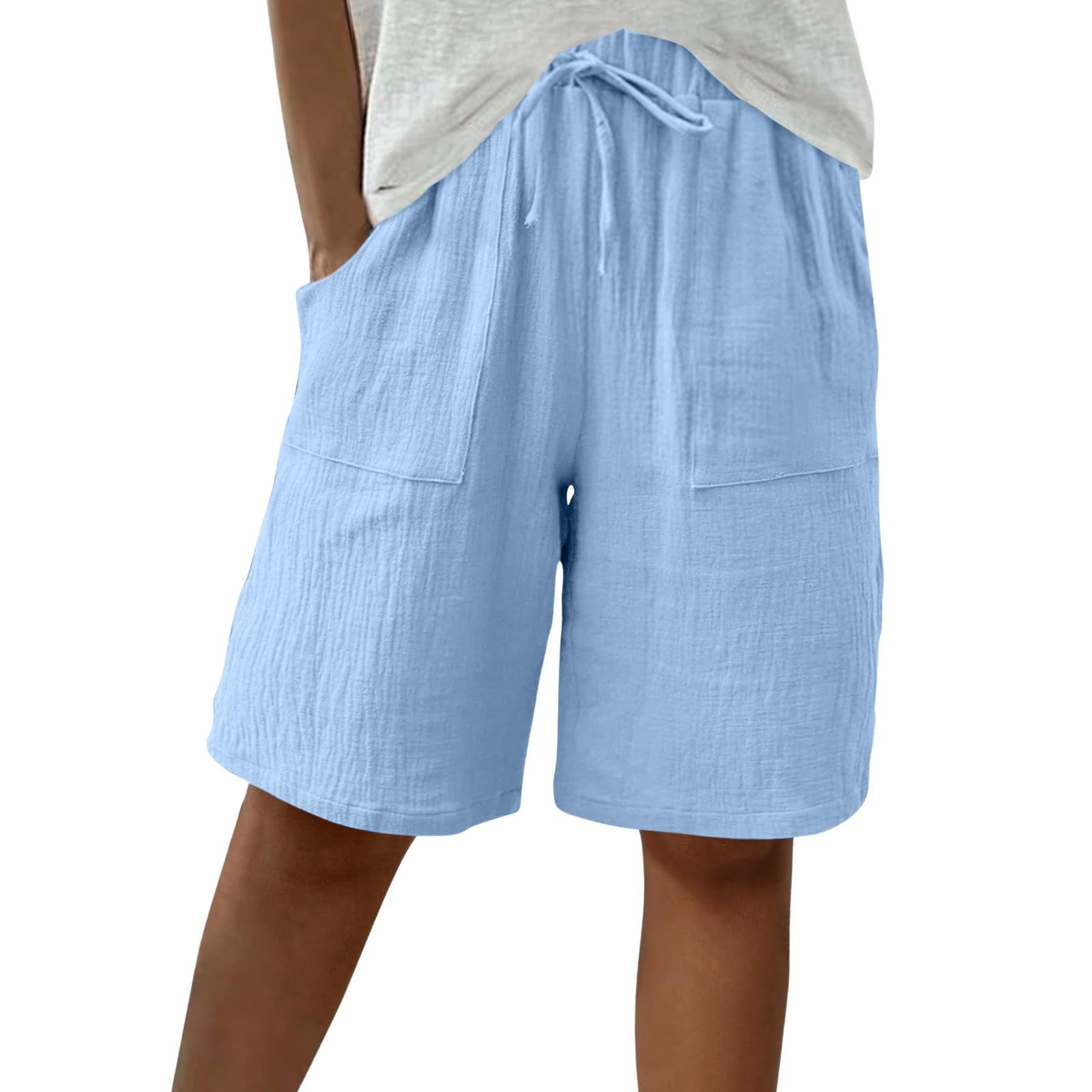 Generico Bermuda Donna Estivi Cotone Coulisse al Ginocchio Pantaloncini Curvy Elastica in Vita Traspiranti Tinta Unita Pantaloni Corti Eleganti con Tasche da Spiaggia Mare e Tempo Libero