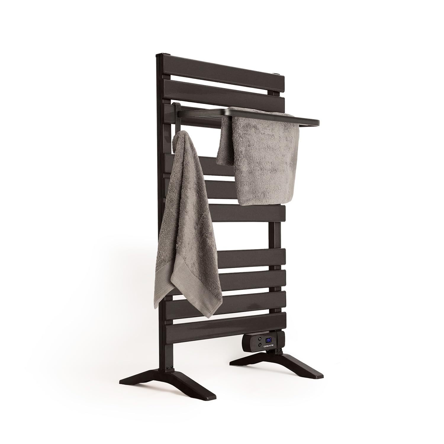 CREATE / Warm Towel 500W / Scaldasalviette Nero con Piedi e ripiano / 103x5x55 cm/per Pavimento o Parete, Timer, Schermo LCD, Basso consumo.