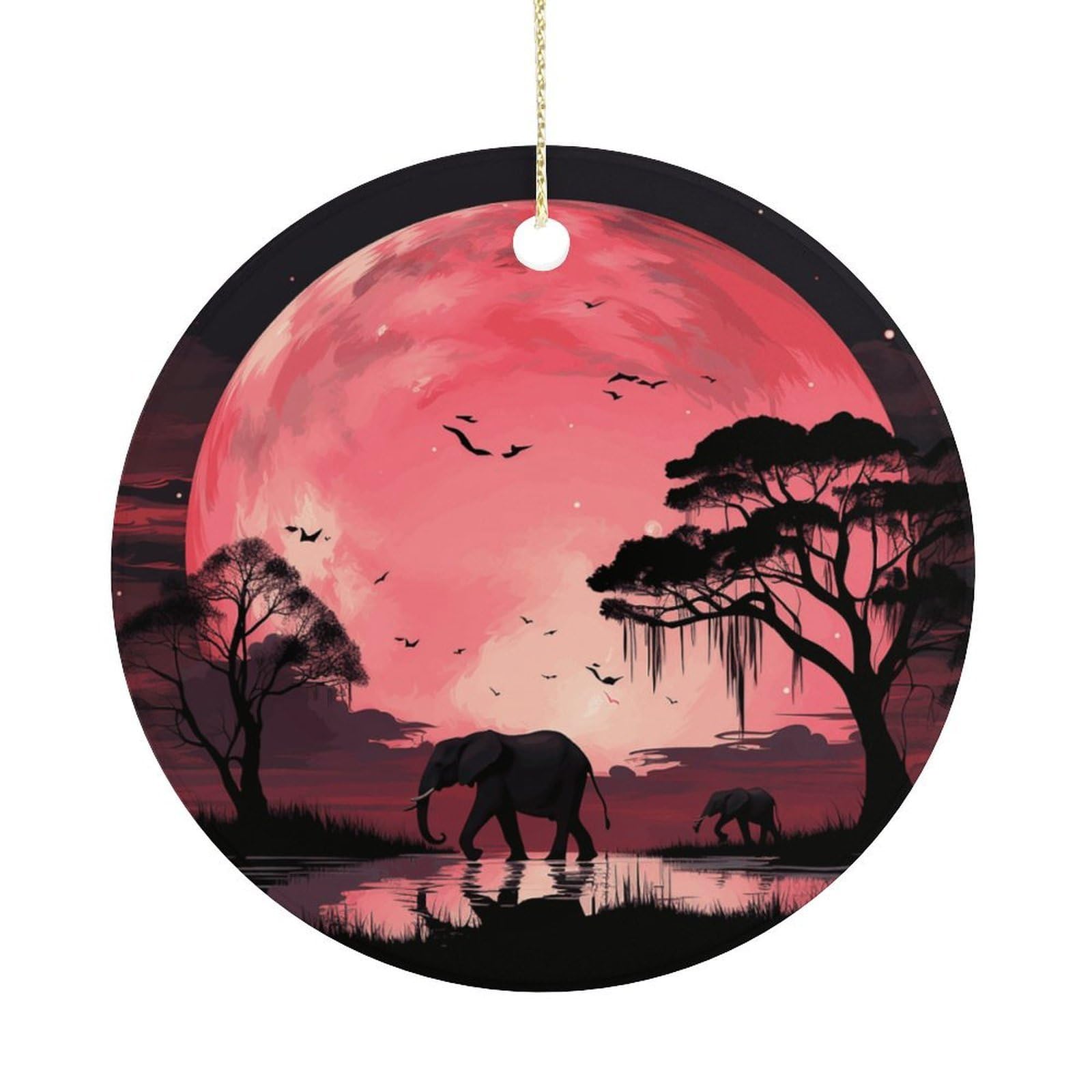 Pink Moon Elephant Christmas Ornament,Round Ceramic Ornaments Personalized Christmas Tree Ornament for Holiday Porcelain Keepsake Gifts Ideas Home Decor
