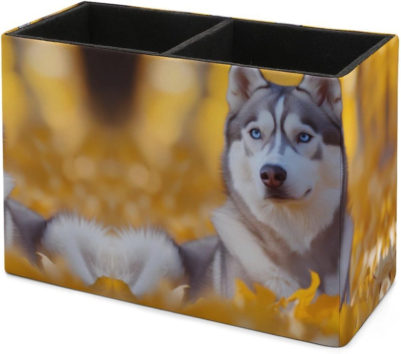 Siberian Husky Dog Pencil Pen Holder PU Leather Desk Storage Organizer Makeup Brush Box