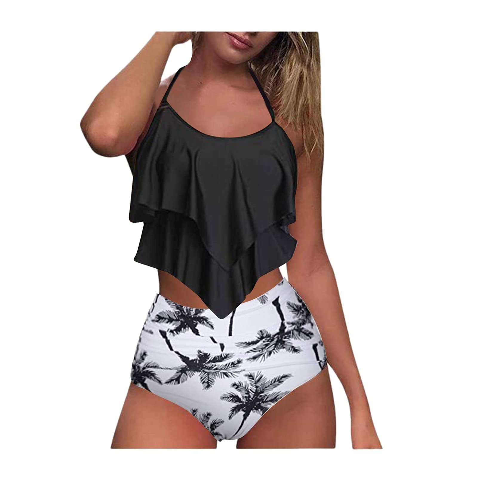 Dwuczęściowy strój kąpielowy damski dwuczęściowy damski kwiatowy bandeau usztywniany biustonosz Ruffles bandażowy zestaw bikini push-up brazylijskie stroje kąpielowe strój kąpielowy strój kąpielowy bikini (biały XXL)